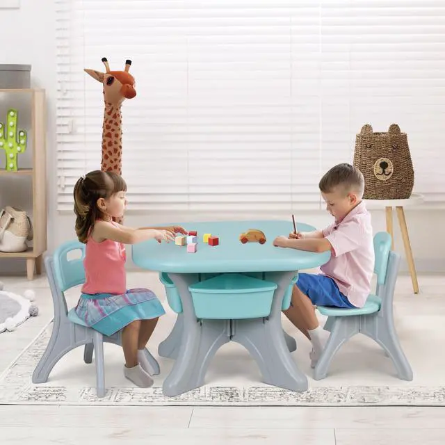 Alt view image 2 of 6 - Kids Table and Chairs Set 3 Piece Plastic Children Activity Table with 4 Detachable Toy Storage Bins for Arts, Crafts, Snack Time and More, Safety Round Corners, Green