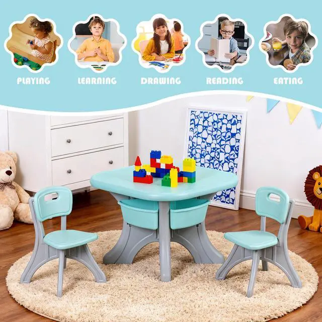 Alt view image 4 of 6 - Kids Table and Chairs Set 3 Piece Plastic Children Activity Table with 4 Detachable Toy Storage Bins for Arts, Crafts, Snack Time and More, Safety Round Corners, Green