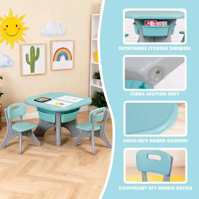 Alt view image 5 of 6 - Kids Table and Chairs Set 3 Piece Plastic Children Activity Table with 4 Detachable Toy Storage Bins for Arts, Crafts, Snack Time and More, Safety Round Corners, Green