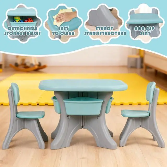 Alt view image 6 of 6 - Kids Table and Chairs Set 3 Piece Plastic Children Activity Table with 4 Detachable Toy Storage Bins for Arts, Crafts, Snack Time and More, Safety Round Corners, Green