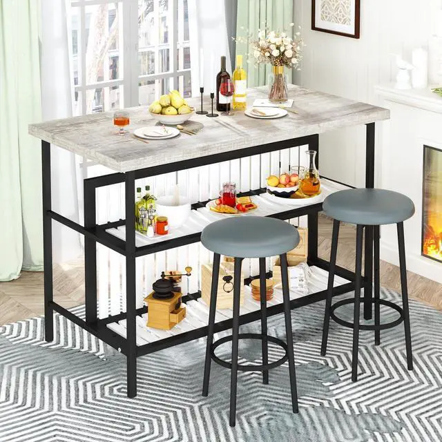 Main image of 3 Piece Bar Table and Chairs Set, Industrial Bar Table Set with Storage Shelves,Marble Counter Height Island with 2 Bar Stools,Modern Pub Island for Kitchen,Grey
