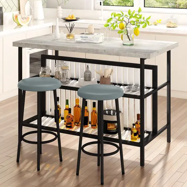 Alt view image 2 of 6 - 3 Piece Bar Table and Chairs Set, Industrial Bar Table Set with Storage Shelves,Marble Counter Height Island with 2 Bar Stools,Modern Pub Island for Kitchen,Grey