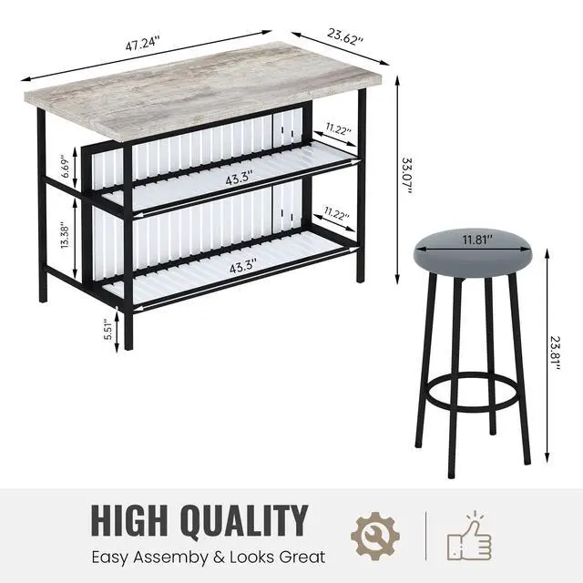 Alt view image 3 of 6 - 3 Piece Bar Table and Chairs Set, Industrial Bar Table Set with Storage Shelves,Marble Counter Height Island with 2 Bar Stools,Modern Pub Island for Kitchen,Grey