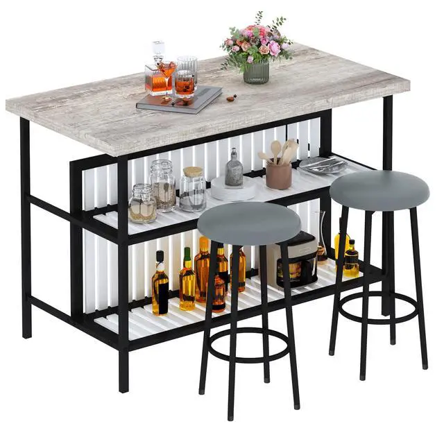 Alt view image 4 of 6 - 3 Piece Bar Table and Chairs Set, Industrial Bar Table Set with Storage Shelves,Marble Counter Height Island with 2 Bar Stools,Modern Pub Island for Kitchen,Grey
