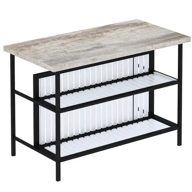 Alt view image 5 of 6 - 3 Piece Bar Table and Chairs Set, Industrial Bar Table Set with Storage Shelves,Marble Counter Height Island with 2 Bar Stools,Modern Pub Island for Kitchen,Grey
