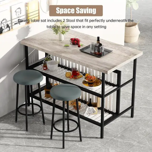 Alt view image 6 of 6 - 3 Piece Bar Table and Chairs Set, Industrial Bar Table Set with Storage Shelves,Marble Counter Height Island with 2 Bar Stools,Modern Pub Island for Kitchen,Grey