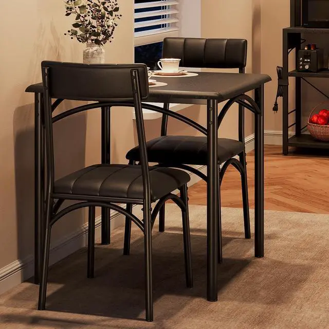 Main image of Kitchen Table and Chairs for 2, Square Dining Room Table Set with 2 Upholstered Chairs, 3 Piece Kitchen Table Set for Small Space, Apartment, Rustic Black