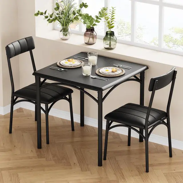 Alt view image 4 of 6 - Kitchen Table and Chairs for 2, Square Dining Room Table Set with 2 Upholstered Chairs, 3 Piece Kitchen Table Set for Small Space, Apartment, Rustic Black
