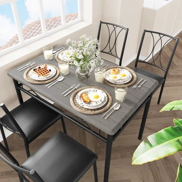 Alt view image 2 of 6 - Dining Table Set for 4, Kitchen Table and Chairs, Dining Room Table Set with 4 Upholstered Chairs, Kitchen Table Set Rectangular Dining Table for Small Space, Apartment, Breakfast, Rustic Grey