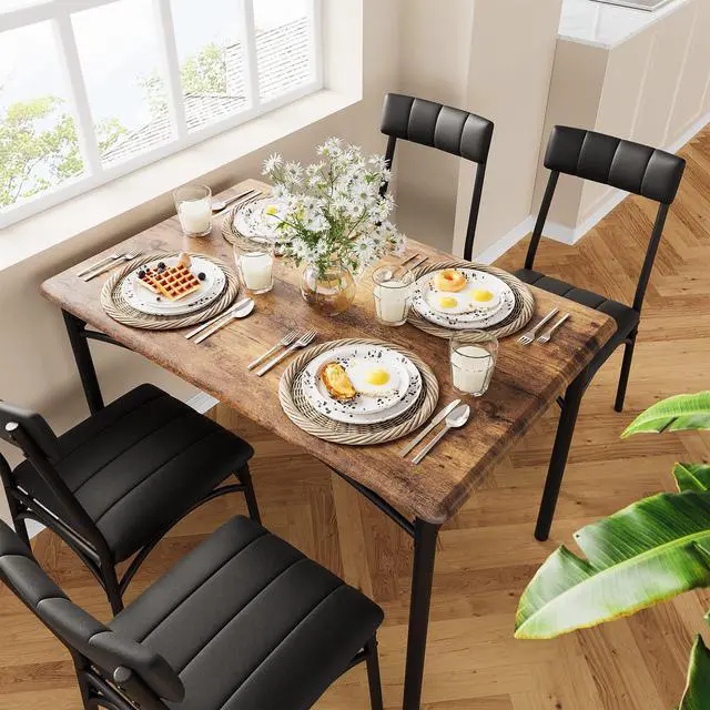 Alt view image 2 of 6 - Kitchen Table and Chairs, Dining Room Table Set for 4 with Upholstered Chairs, Kitchen Table Set Metal and Wood Rectangular Dining Table for Small Space, Apartment, Breakfast, Rustic Brown