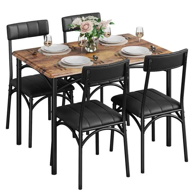 Alt view image 3 of 6 - Kitchen Table and Chairs, Dining Room Table Set for 4 with Upholstered Chairs, Kitchen Table Set Metal and Wood Rectangular Dining Table for Small Space, Apartment, Breakfast, Rustic Brown