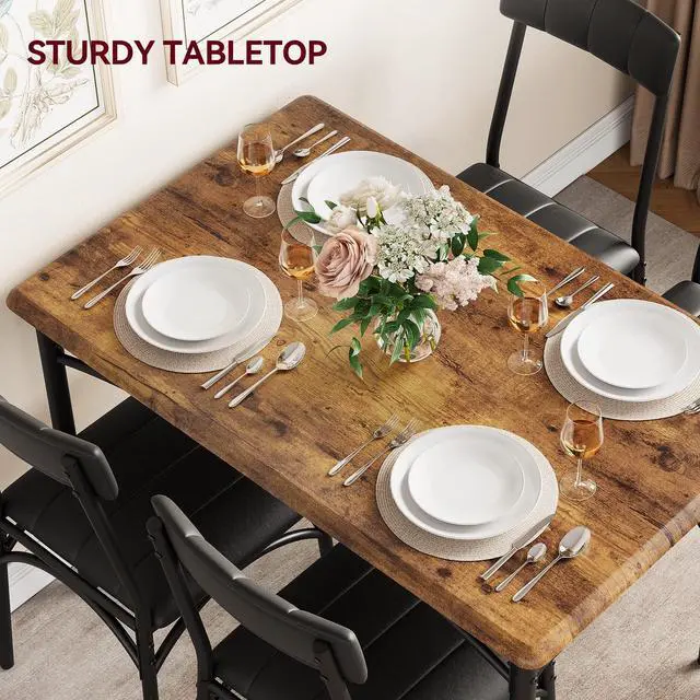Alt view image 5 of 6 - Kitchen Table and Chairs, Dining Room Table Set for 4 with Upholstered Chairs, Kitchen Table Set Metal and Wood Rectangular Dining Table for Small Space, Apartment, Breakfast, Rustic Brown