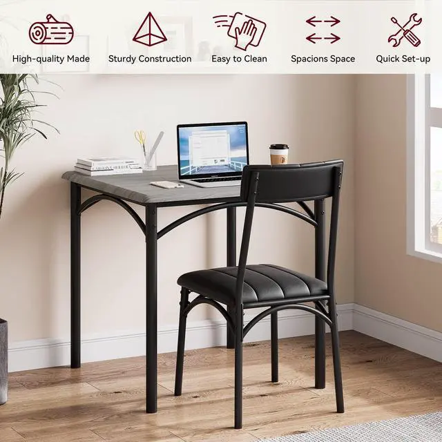 Alt view image 3 of 6 - Modern Rustic Gray Square Dining Set, 29.2' L x W 30.1' H Table, 33.7' 18.4' 17' Chairs, 2 Person, Metal & MDF, Easy Assembly, Space-Saving