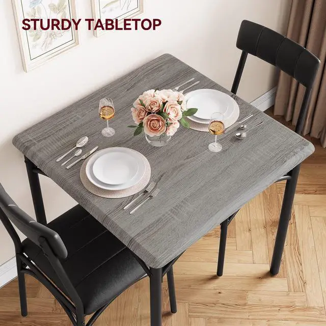 Alt view image 5 of 6 - Modern Rustic Gray Square Dining Set, 29.2' L x W 30.1' H Table, 33.7' 18.4' 17' Chairs, 2 Person, Metal & MDF, Easy Assembly, Space-Saving