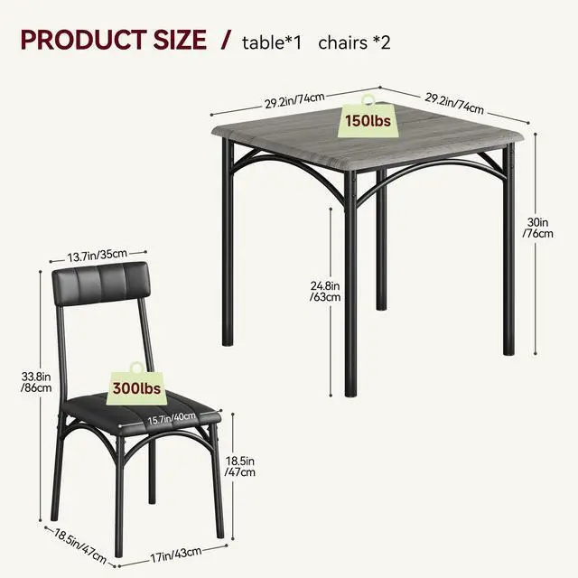 Alt view image 6 of 6 - Modern Rustic Gray Square Dining Set, 29.2' L x W 30.1' H Table, 33.7' 18.4' 17' Chairs, 2 Person, Metal & MDF, Easy Assembly, Space-Saving