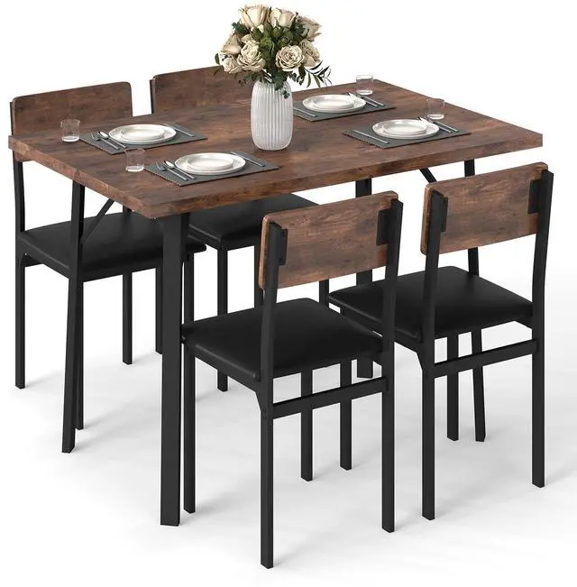 Main image of 5-Piece Dining Table Set for 4, Industrial Kitchen Table and 4 PU Leather Upholstered Chairs with Metal Leg, Padded Seat, Space-Saving Dinette Set for Small Space Apartment Breakfast Nook