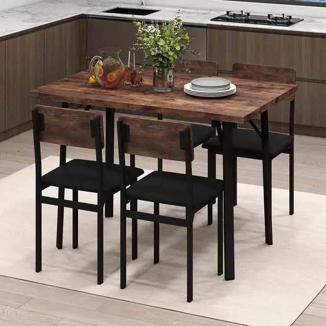 Alt view image 2 of 6 - 5-Piece Dining Table Set for 4, Industrial Kitchen Table and 4 PU Leather Upholstered Chairs with Metal Leg, Padded Seat, Space-Saving Dinette Set for Small Space Apartment Breakfast Nook