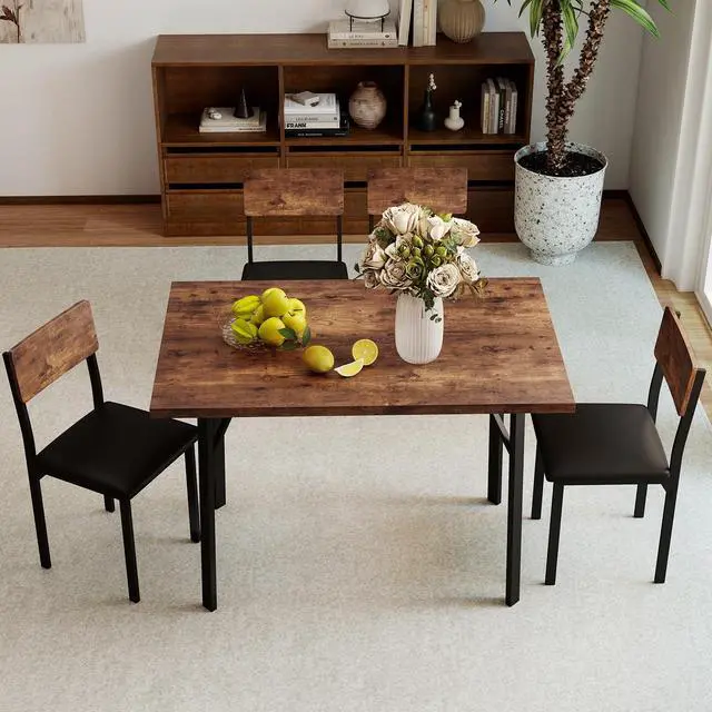 Alt view image 4 of 6 - 5-Piece Dining Table Set for 4, Industrial Kitchen Table and 4 PU Leather Upholstered Chairs with Metal Leg, Padded Seat, Space-Saving Dinette Set for Small Space Apartment Breakfast Nook