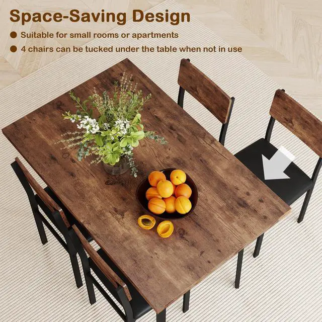 Alt view image 6 of 6 - 5-Piece Dining Table Set for 4, Industrial Kitchen Table and 4 PU Leather Upholstered Chairs with Metal Leg, Padded Seat, Space-Saving Dinette Set for Small Space Apartment Breakfast Nook