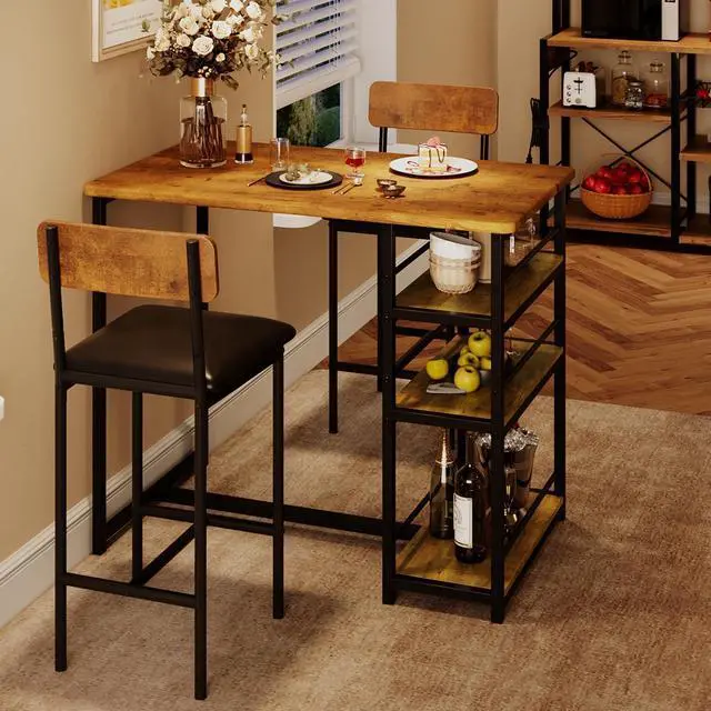 Main image of Dining Table Set for 2, Bar Table and Chairs for 2, Kitchen Table Set with 2 Upholstered Chairs, 3 Large Storage Shelves, Pub Table Set for Small Space, Apartment, Breakfast, Rustic Brown
