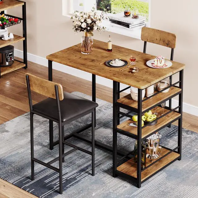 Alt view image 2 of 6 - Dining Table Set for 2, Bar Table and Chairs for 2, Kitchen Table Set with 2 Upholstered Chairs, 3 Large Storage Shelves, Pub Table Set for Small Space, Apartment, Breakfast, Rustic Brown
