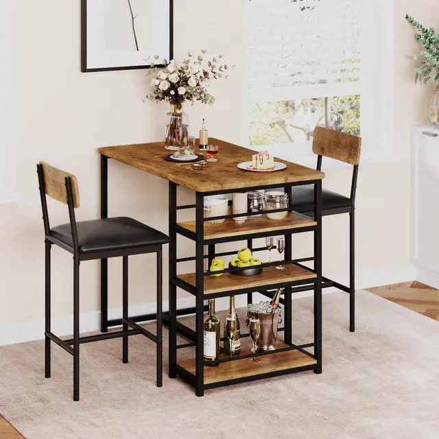 Alt view image 3 of 6 - Dining Table Set for 2, Bar Table and Chairs for 2, Kitchen Table Set with 2 Upholstered Chairs, 3 Large Storage Shelves, Pub Table Set for Small Space, Apartment, Breakfast, Rustic Brown