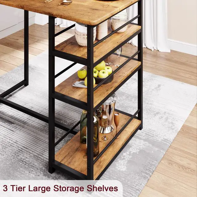Alt view image 4 of 6 - Dining Table Set for 2, Bar Table and Chairs for 2, Kitchen Table Set with 2 Upholstered Chairs, 3 Large Storage Shelves, Pub Table Set for Small Space, Apartment, Breakfast, Rustic Brown