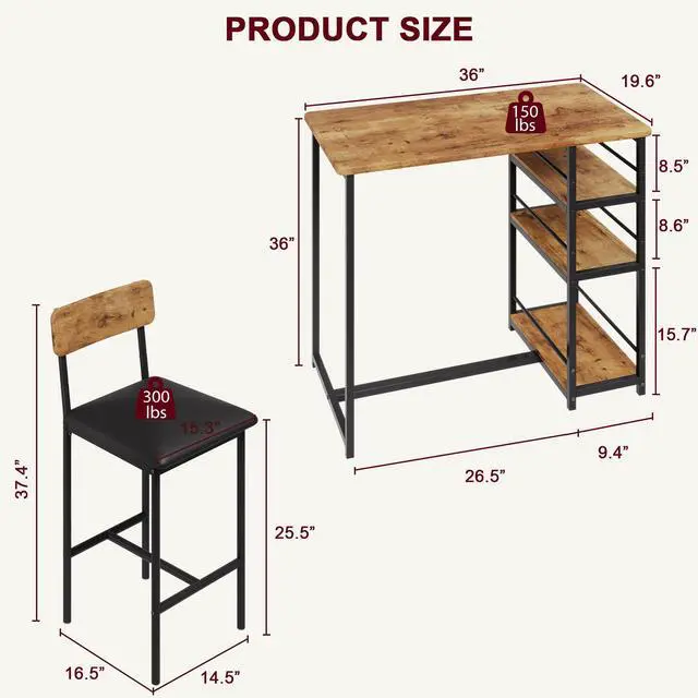 Alt view image 5 of 6 - Dining Table Set for 2, Bar Table and Chairs for 2, Kitchen Table Set with 2 Upholstered Chairs, 3 Large Storage Shelves, Pub Table Set for Small Space, Apartment, Breakfast, Rustic Brown