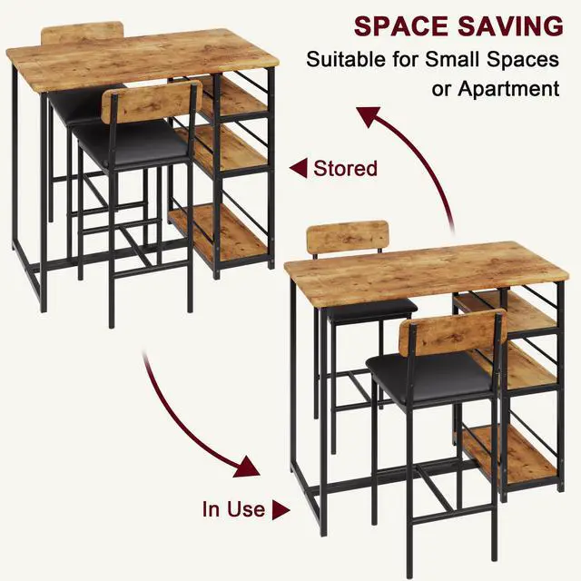 Alt view image 6 of 6 - Dining Table Set for 2, Bar Table and Chairs for 2, Kitchen Table Set with 2 Upholstered Chairs, 3 Large Storage Shelves, Pub Table Set for Small Space, Apartment, Breakfast, Rustic Brown