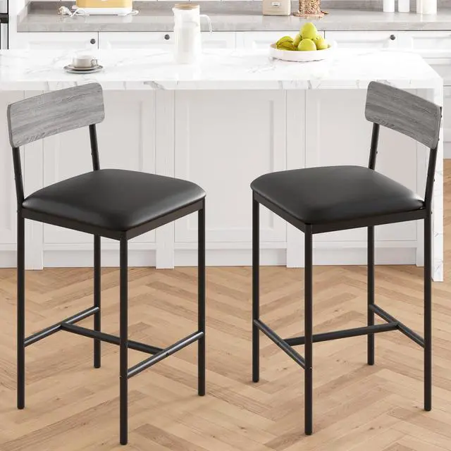 Alt view image 2 of 6 - Bar Stools Set of 2, Upholstered Bar Chairs with Back, 25.5 Inches Kitchen Bar Stools with Footrest, Thick Cushion, Counter Height Barstools for Island, Counter Bar, Easy Assembly, Rustic Grey