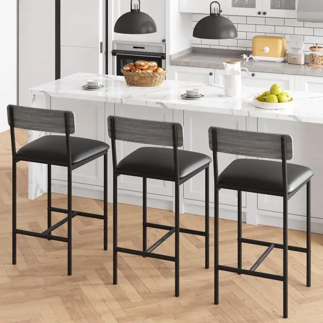 Alt view image 5 of 6 - Bar Stools Set of 2, Upholstered Bar Chairs with Back, 25.5 Inches Kitchen Bar Stools with Footrest, Thick Cushion, Counter Height Barstools for Island, Counter Bar, Easy Assembly, Rustic Grey