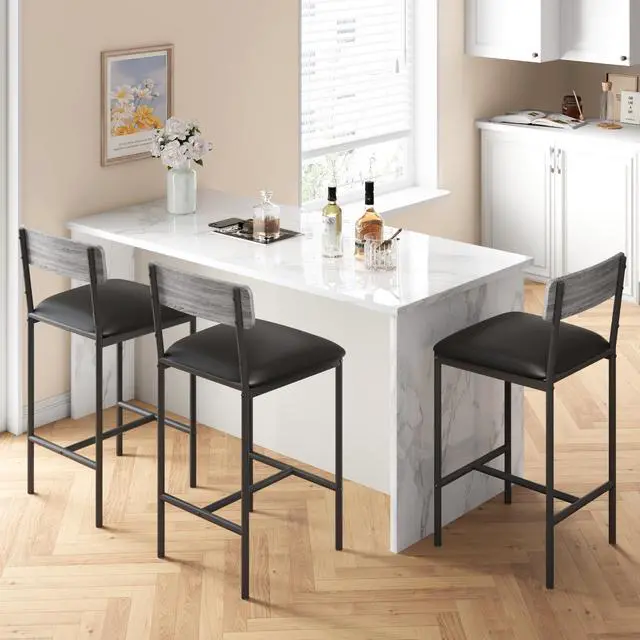 Alt view image 6 of 6 - Bar Stools Set of 2, Upholstered Bar Chairs with Back, 25.5 Inches Kitchen Bar Stools with Footrest, Thick Cushion, Counter Height Barstools for Island, Counter Bar, Easy Assembly, Rustic Grey