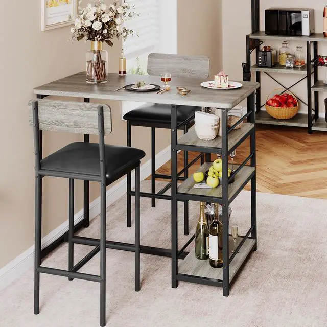 Main image of Dining Table Set for 2, Bar Table and Chairs for 2, Kitchen Table Set with 2 Upholstered Chairs, 3 Large Storage Shelves, Pub Table Set for Small Space, Apartment, Breakfast, Rustic Grey