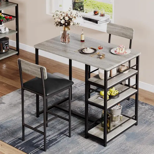 Alt view image 2 of 6 - Dining Table Set for 2, Bar Table and Chairs for 2, Kitchen Table Set with 2 Upholstered Chairs, 3 Large Storage Shelves, Pub Table Set for Small Space, Apartment, Breakfast, Rustic Grey