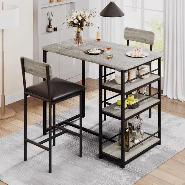 Alt view image 3 of 6 - Dining Table Set for 2, Bar Table and Chairs for 2, Kitchen Table Set with 2 Upholstered Chairs, 3 Large Storage Shelves, Pub Table Set for Small Space, Apartment, Breakfast, Rustic Grey