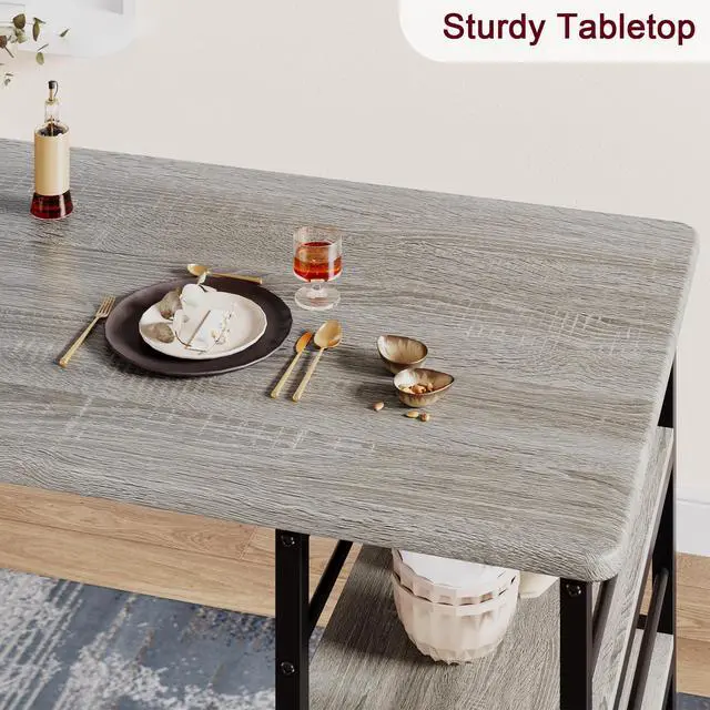Alt view image 4 of 6 - Dining Table Set for 2, Bar Table and Chairs for 2, Kitchen Table Set with 2 Upholstered Chairs, 3 Large Storage Shelves, Pub Table Set for Small Space, Apartment, Breakfast, Rustic Grey