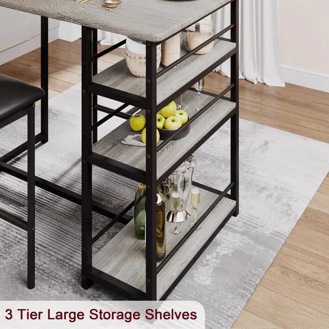 Alt view image 5 of 6 - Dining Table Set for 2, Bar Table and Chairs for 2, Kitchen Table Set with 2 Upholstered Chairs, 3 Large Storage Shelves, Pub Table Set for Small Space, Apartment, Breakfast, Rustic Grey