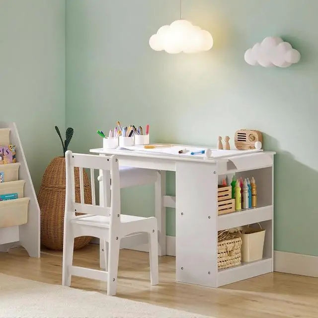 Main image of Kids Craft Table and Chair Set with Paper Roller, Paint Cups & Storage Shelves, 2 in 1 Wooden Art Desk for Drawing Painting Writing, White HUS-KMB60