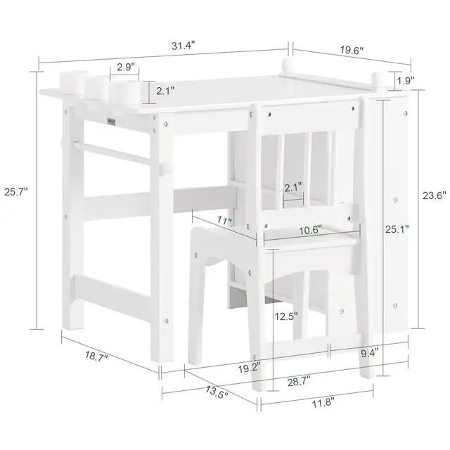 Alt view image 2 of 6 - Kids Craft Table and Chair Set with Paper Roller, Paint Cups & Storage Shelves, 2 in 1 Wooden Art Desk for Drawing Painting Writing, White HUS-KMB60