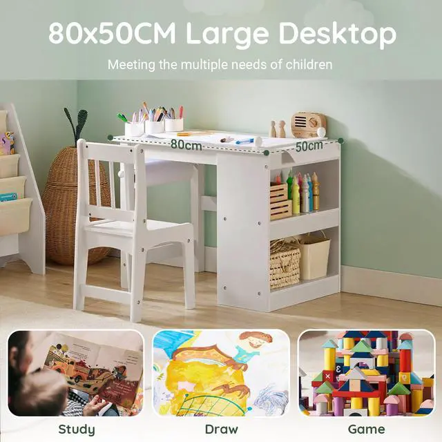 Alt view image 3 of 6 - Kids Craft Table and Chair Set with Paper Roller, Paint Cups & Storage Shelves, 2 in 1 Wooden Art Desk for Drawing Painting Writing, White HUS-KMB60