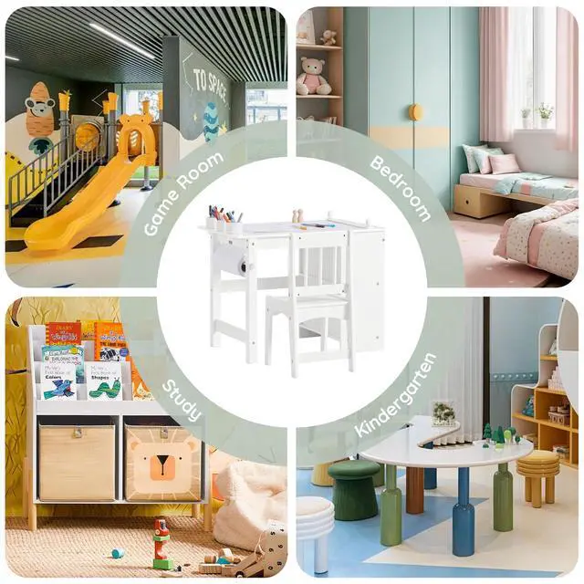 Alt view image 4 of 6 - Kids Craft Table and Chair Set with Paper Roller, Paint Cups & Storage Shelves, 2 in 1 Wooden Art Desk for Drawing Painting Writing, White HUS-KMB60