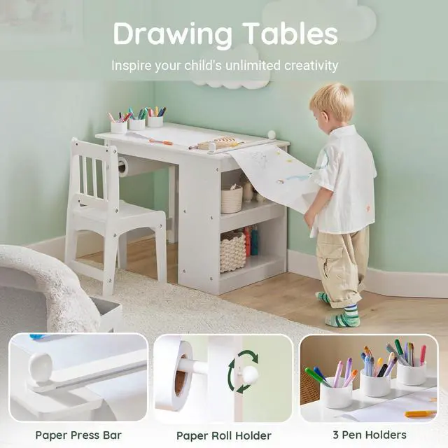 Alt view image 5 of 6 - Kids Craft Table and Chair Set with Paper Roller, Paint Cups & Storage Shelves, 2 in 1 Wooden Art Desk for Drawing Painting Writing, White HUS-KMB60