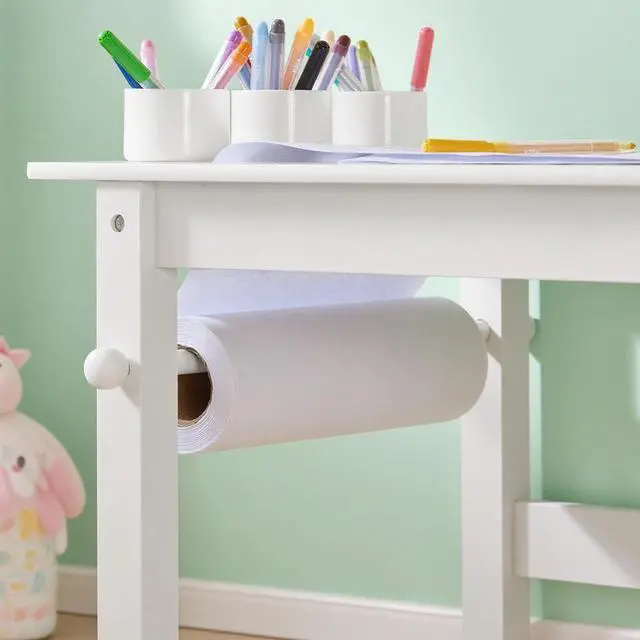 Alt view image 6 of 6 - Kids Craft Table and Chair Set with Paper Roller, Paint Cups & Storage Shelves, 2 in 1 Wooden Art Desk for Drawing Painting Writing, White HUS-KMB60