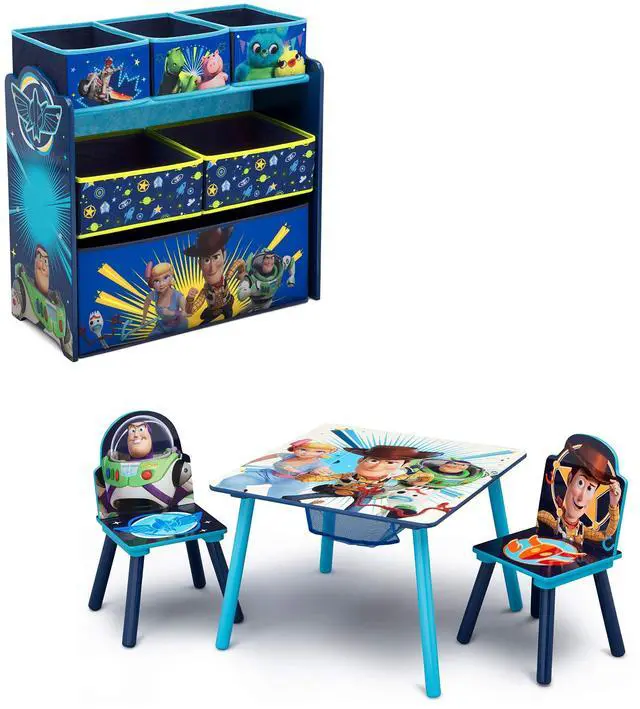 Main image of Kids Table and Chair Set with Storage (2 Chairs Included) Plus Design and Store 6-Bin Toy Storage Organizer - Arts & Crafts, Homeschooling, Homework & More, Disney/Pixar Toy Story 4