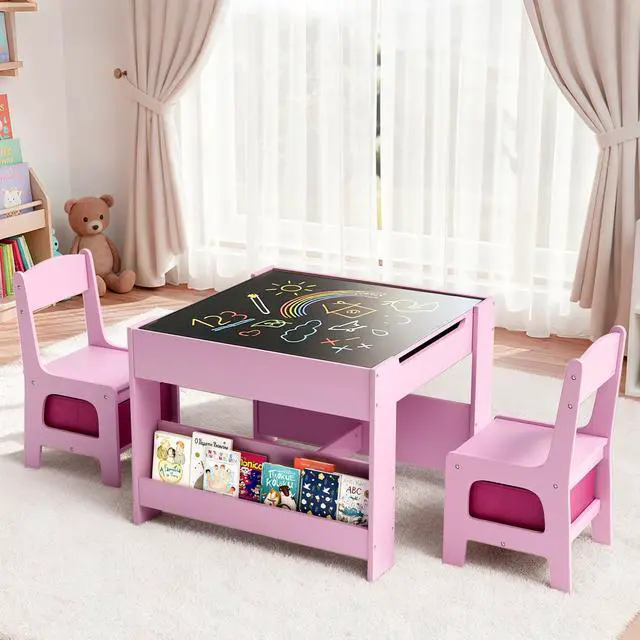 Main image of Kids Table and Chairs Set, 4 in 1 Toddler Art Desk with Storage Drawer, Wooden Activity Deskboard, Blackboard, Reversible & Detachable Tabletop, Bookshelf for Drawing, Reading (Pink)