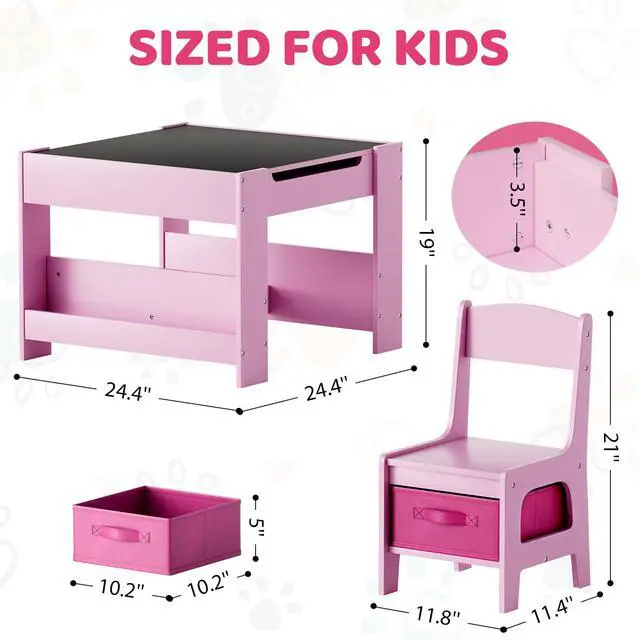 Alt view image 2 of 6 - Kids Table and Chairs Set, 4 in 1 Toddler Art Desk with Storage Drawer, Wooden Activity Deskboard, Blackboard, Reversible & Detachable Tabletop, Bookshelf for Drawing, Reading (Pink)