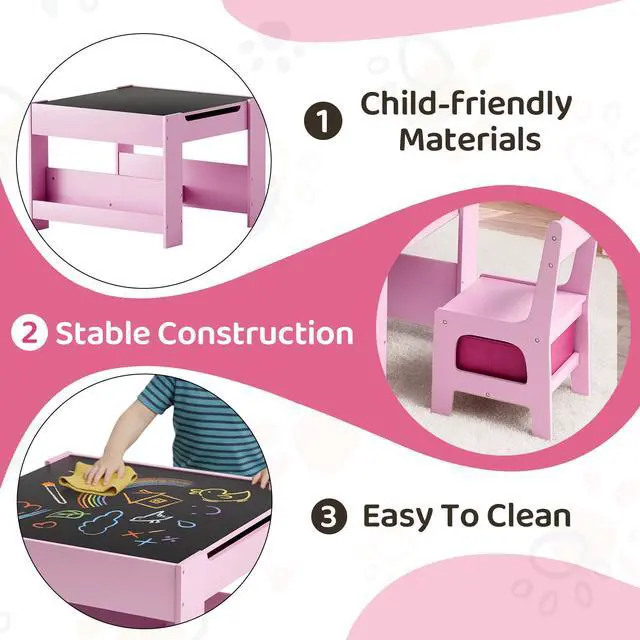 Alt view image 3 of 6 - Kids Table and Chairs Set, 4 in 1 Toddler Art Desk with Storage Drawer, Wooden Activity Deskboard, Blackboard, Reversible & Detachable Tabletop, Bookshelf for Drawing, Reading (Pink)