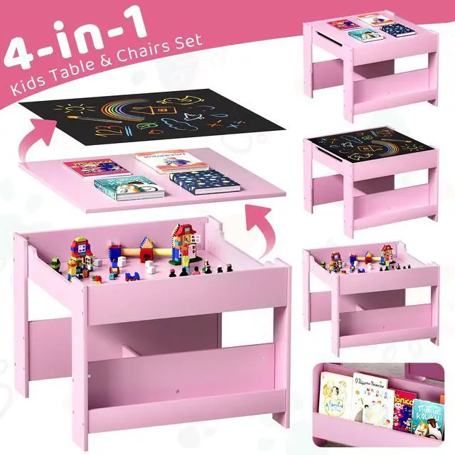 Alt view image 4 of 6 - Kids Table and Chairs Set, 4 in 1 Toddler Art Desk with Storage Drawer, Wooden Activity Deskboard, Blackboard, Reversible & Detachable Tabletop, Bookshelf for Drawing, Reading (Pink)