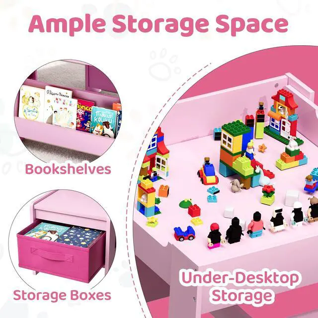 Alt view image 5 of 6 - Kids Table and Chairs Set, 4 in 1 Toddler Art Desk with Storage Drawer, Wooden Activity Deskboard, Blackboard, Reversible & Detachable Tabletop, Bookshelf for Drawing, Reading (Pink)