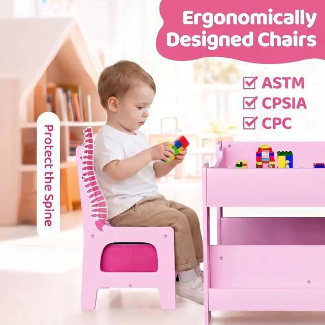 Alt view image 6 of 6 - Kids Table and Chairs Set, 4 in 1 Toddler Art Desk with Storage Drawer, Wooden Activity Deskboard, Blackboard, Reversible & Detachable Tabletop, Bookshelf for Drawing, Reading (Pink)